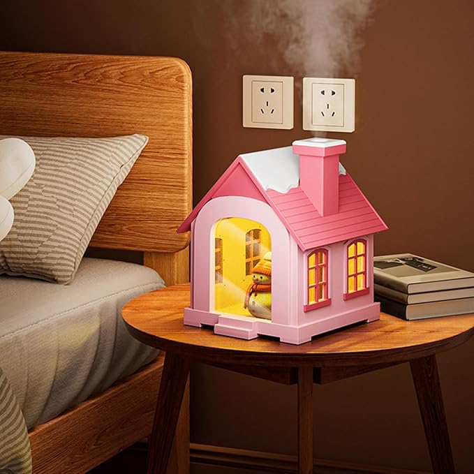 Christmas Village Houses Humidifier 500ml, Cute Snow House Cool Mist Humidifier with Snowman Figurines & Night Light for Bedroom & Office Décor (Pink) - Image 3
