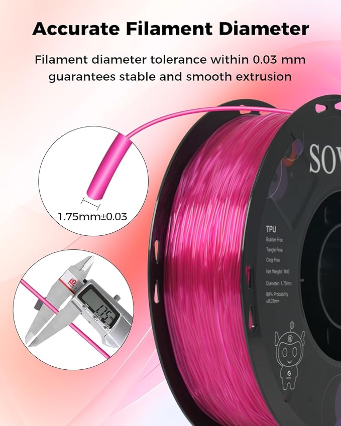 Sovol TPU Filament 1.75mm, 95A Soft TPU Flexible 3D Printer Filament with High Elasticity, 1kg (2.2lbs), Dimensional Accuracy +/- 0.03 mm, Fit Most FDM Printer, Clear Rose Red - Image 5