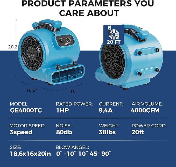 ALORAIR 4000 CFM Air Mover Blower Fan for Industrial, Floor Drying Fan, Carpet Dryer - Timer, Carpet Buckles, Stackable, 20 ft Power Cord, for Water Damage Restoration and Plumbing - GE4000TC - Image 8