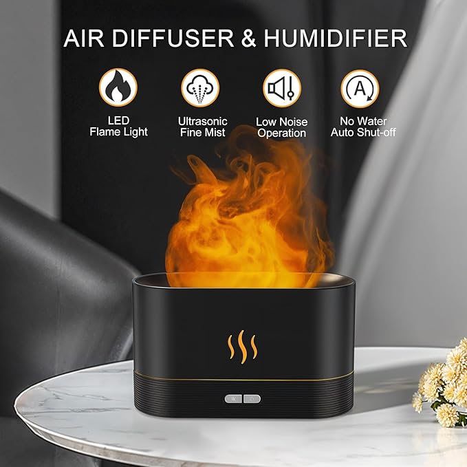 Essential Oil Diffuser, Flame Air Humidifier with Fire Led Light - 2 Rightness, 180mL Capacity (8 Hours), Auto-Off Protection Air Diffuser for Home Bedroom Office Gifts(Black) - Image 2