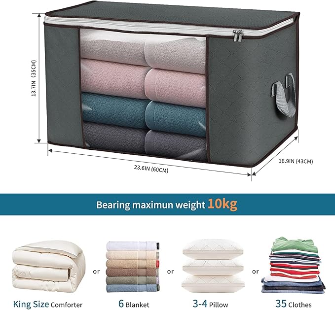 Large Storage Bags, 8 Pack Clothes Storage Bins Foldable Closet Organizers Storage Containers with Durable Handles Thick Fabric for Blanket Comforter Clothing Bedding 90 L (Gray) - Image 2