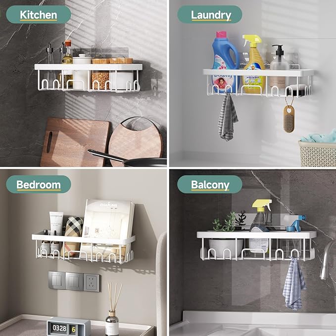 Veken Adhesive Shower Caddy 5-Pack,Heavy Weight Bearing,Large Wall Mounted Shower Shelves Rack,Organizer Storage Accessories with Soap Dish&Toothbrush Holder,Ideal for Bathroom,Home&Kitchen,White - Image 4