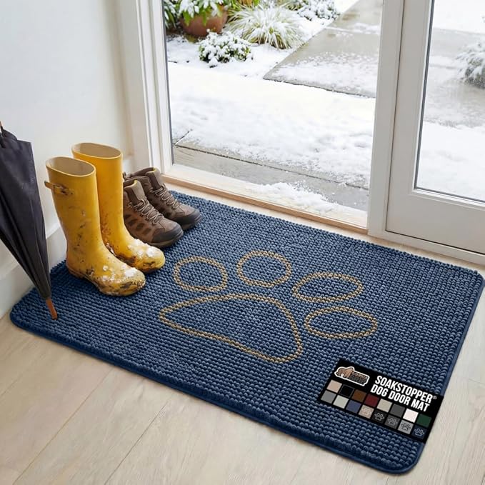GORILLA GRIP SOAKSTOPPER Dog Door Mat, 48x30 Machine Washable Rug Absorbent Doormat Captures Moisture Mud Dirt, Quick Dry Soft Chenille Entryway Rugs Indoor Entrance Mats for Dog Paws, Navy by GorillaGrip
