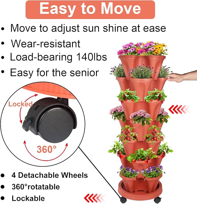 DUNCHATY Stackable Planters 7 Tier Vertical Garden Planting Tower Planters Strawberry, Herb, Flower, and Vegetable Planter Indoor Outdoor Gardening Pots with Removable Wheels and Tools, 2 Set - Image 4