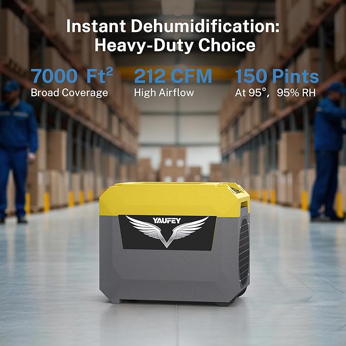 Yaufey 150 Pints Commercial Dehumidifier with Pump for Basement, Crawl Space & Water Damage Restoration，Large Dehumidifier up to 7000 Sq.Ft for Industry - 5-Year Quality Coverage - Image 2