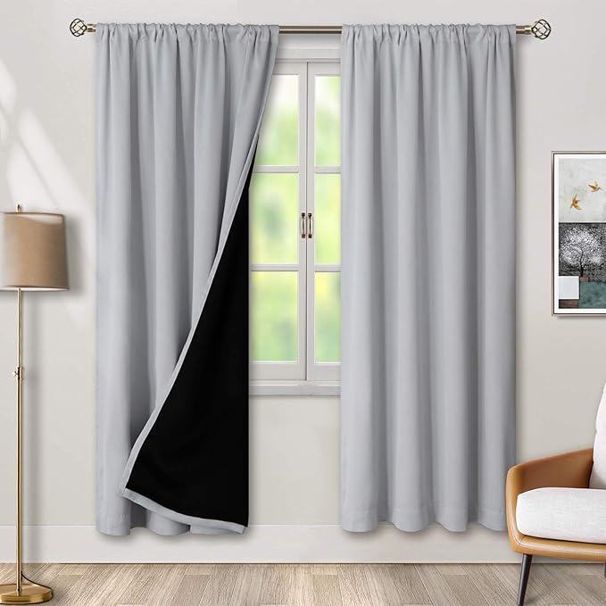 BGment Thermal Insulated 100% Blackout Curtains for Bedroom with Black Liner, Double Layer Full Room Darkening Noise Reducing Rod Pocket Curtain (52 x 72 Inch, Light Grey, 2 Panels) by BGment