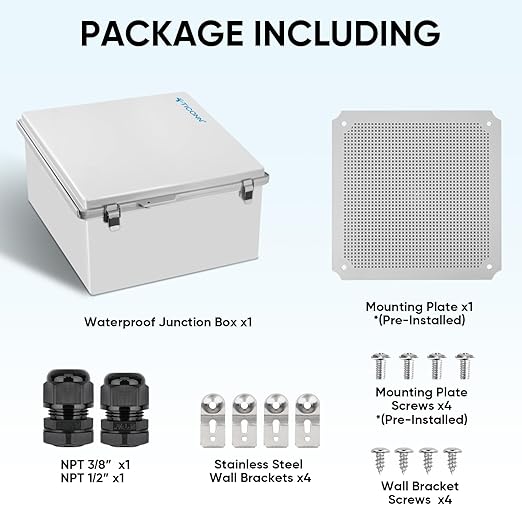 TICONN Outdoor Electrical Box Waterproof, Junction Box IP67 ABS Plastic Enclosure with Hinged Cover with Mounting Plate, Wall Brackets, Cable Glands (Off-White, 11.8"x11.8"x7.1") - Image 6