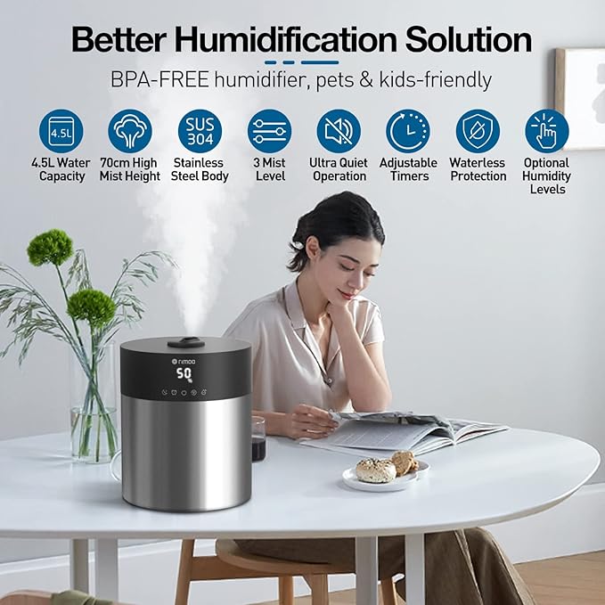 4.5L Humidifiers for Bedroom Large Room, Ultrasonic Cool Mist Humidifier with Stainless Steel Tank for Boiling Cleaning, Top Fill Humidifier with Smart Humidistat & Timer, Sleep Mode - Image 2