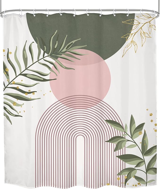 Pink Sage Green Boho Shower Curtain 60Wx72H Mid Century Modern Abstract Gold Leaves Plant Sun Bathroom Decor Minimalist Geometric Arch Line Aesthetic Bath Curtain Fabric Polyester 12 Pack Hooks - Image 8