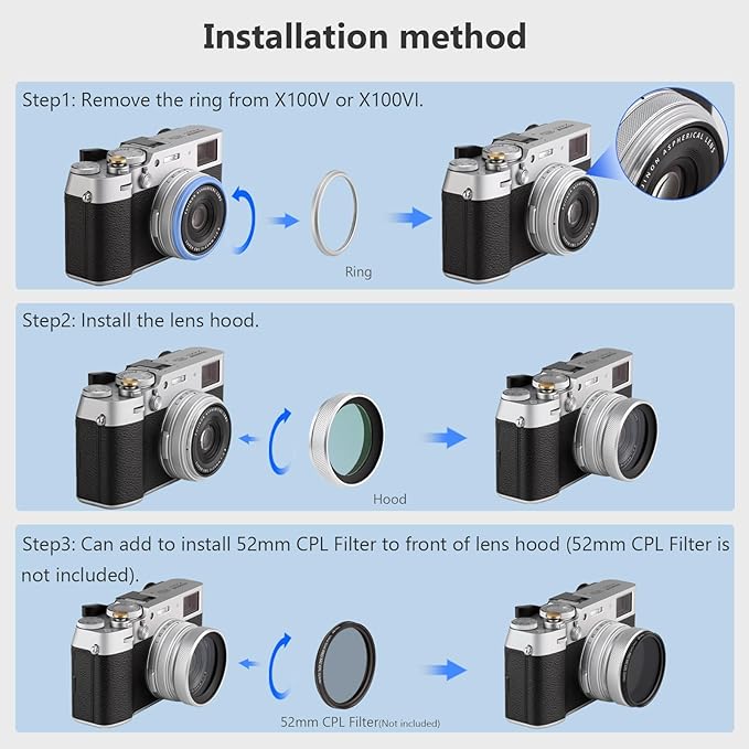 Haoge LUV-X54W Metal Lens Hood with MC UV Protection Multicoated Ultraviolet Lens Filter for Fujifilm X100VI Fuji X100V Camera Silver - Image 9
