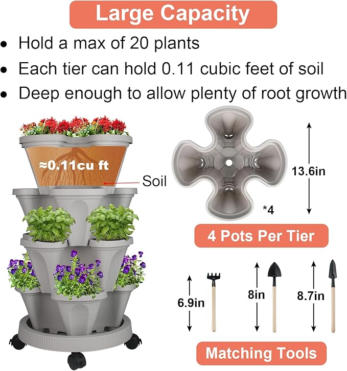 GameXcel Vertical Planter 4 Tier Stackable Planters Garden Planters Strawberry Herb Flower and Vegetable Planter Indoor Outdoor Gardening Pots with Removable Wheels and Tools - Image 5