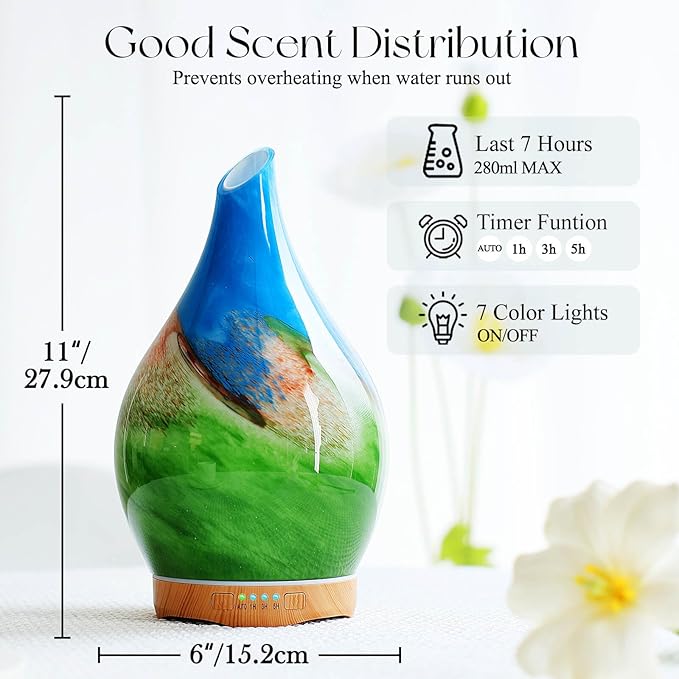 Porseme 280ml Essential Oil Diffuser Glass Color Changing Aroma Air Diffusers Aromatherapy Ultrasonic Cool Mist Humidifier 7 Running Hours Waterless Auto-Off for Sleeping, Yoga, Office (Blue Grass) - Image 3