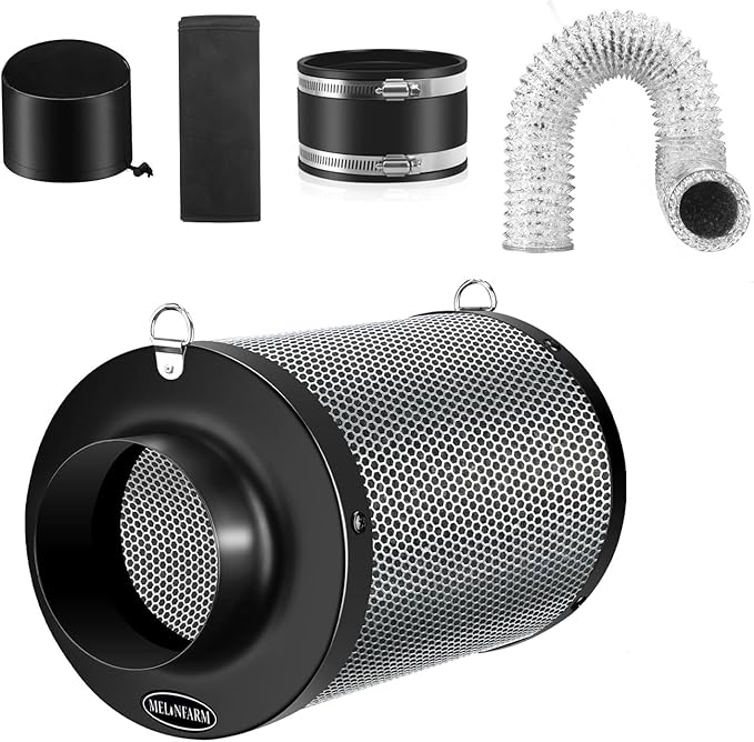 MELONFARM 4 Inch Air Carbon Filter Smelliness Control with Australia Virgin Charcoal, Odor Removal for Grow Tent, Inline Fan, 8' Ducting, Cooling & Vent Cover Included, Insulated Flange 4" x 11" by MELONFARM