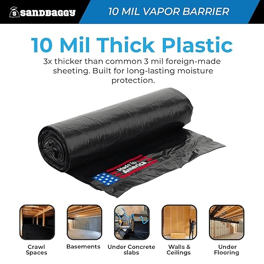 Sandbaggy 20 ft x 100 ft Vapor Barrier 10 Mil | Polyethylene | Black Plastic Sheeting Rolls | Moisture Barrier for Crawl Spaces, Concrete and Laminate Underlayment, Walls (8 Rolls) - Image 4