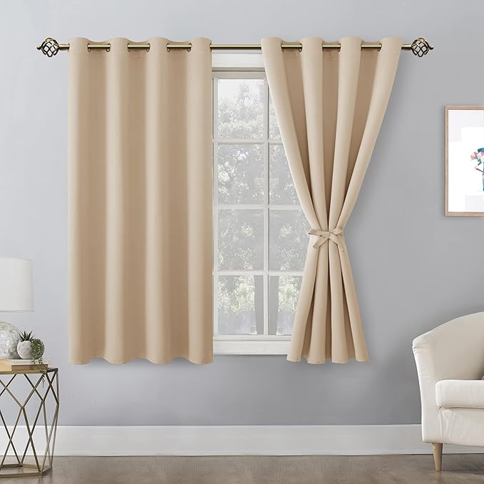 Hiasan Blackout Curtains for Bedroom - Thermal Insulated & Light Blocking Window Curtains for Living Room/Kids Room, 2 Drape Panels Sewn with Tiebacks, Beige, 52 x 45 Inch - Image 2