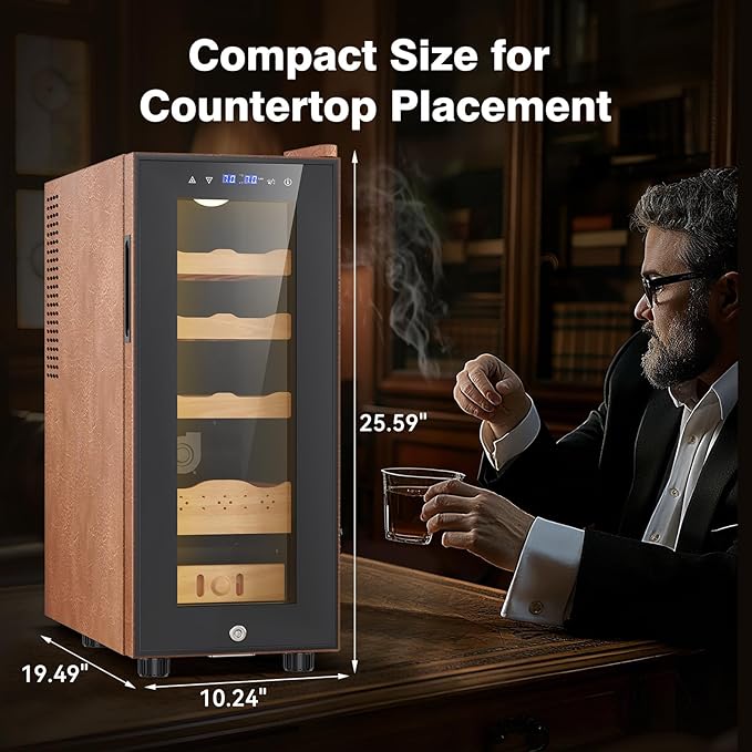Electric Cooler Cabinet 35L with Temperature and Humidity Control, Leather Finish, Spanish Cedar Wood Shelves and Safety Lock (300 Counts Capacity), Gift for Men - Image 2