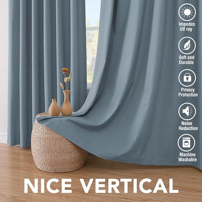 H.VERSAILTEX Linen Curtains 100% Blackout Curtains for Bedroom 90 inch Long Full Light Blocking Nature Linen Blended Window Curtains for Living Room Nickel Grommet (2 Panels, Stone Blue) - Image 7