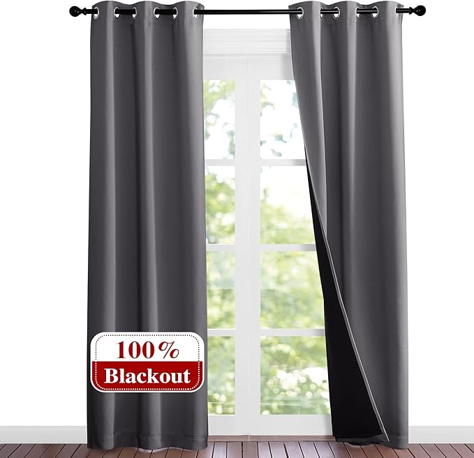 NICETOWN Grey Full Shade Curtain Panels, 37" Wide x 80" Long, Gray, Pair of Thermal Insulated & Energy Efficiency Blackout Curtains for Living Room Windows, Lined Silky Performance Window Dressing by NICETOWN