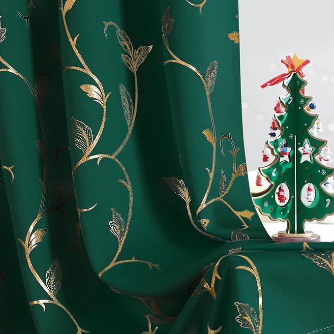 BUHUA Gold Blackout Curtains 63 Inches Length for Livingroom, Thermal Curtain for Bedroom 2 Panels Set, Room Darkening Curtains with Wave Vine (52W×63L Emerald Green) - Image 6