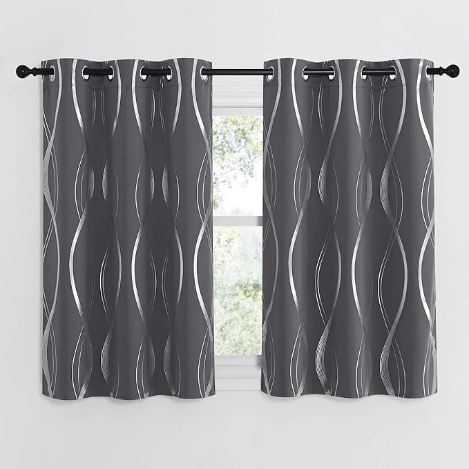 NICETOWN Small Blackout Grey Cafe Curtain Panels, Set of 2, 34 by 45 Inch, Window Treatment Thermal Insulated Solid Grommet Blackout Wave Line Foil Print Design for Kitchen and Loft - Image 2