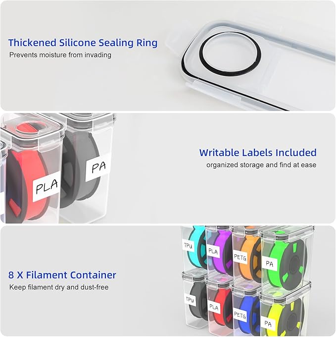 Filament Storage Box - 8 Pack 3D Printing Filament Container with Thick Silicone Seal, Dust-Proof Reusable Organizer with Writable Labels for 1.75mm PLA, ABS, PETG, TPU, PA (9.05"×8"×3") - Image 2
