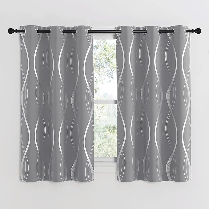 NICETOWN Kitchen Blackout Curtain Panels, Silver Grey, Set of 2, 42 by 54 Inch, Window Treatment Thermal Insulated Solid Grommet Blackout Wave Line Foil Print Design Curtains for Kitchen, Cafe, Loft - Image 2