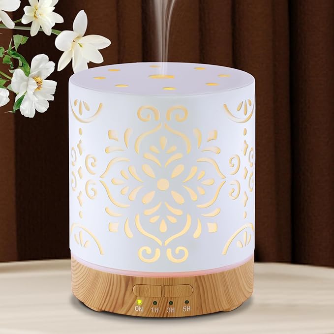 Essential Oil Diffuser for Home - 300ML Metal Aromatherapy Diffuser with Auto Shut-Off Protection & 4 Timers, Ultrasonic Humidifier with 7 Colors Lights for Large Room, Home Office Décor(White Flower) by EQUSUPRO