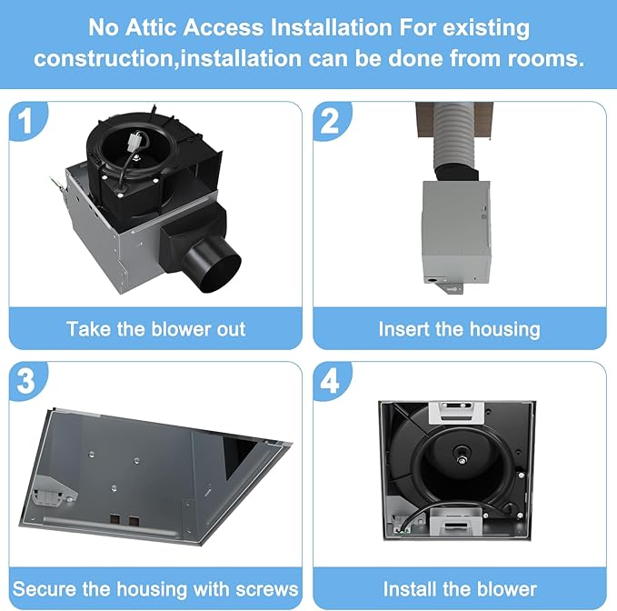 Bathroom Exhaust Fan 80CFM 1.5Sone, 4inch duct, Energy-Saving Household Ventilation Fan with Humidity sensor, No Attic access Needed Installation, Classic White Grille - Image 4