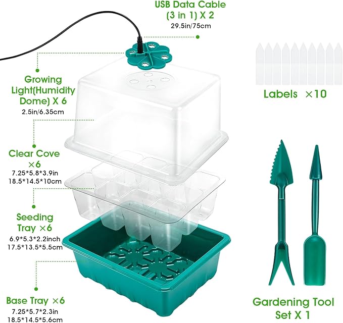 Seed Starter Tray with Grow Light, 6pcs Seed Starter Kits with Light and Adjustable Humidity Domes, Covers Height 3.9", Indoor Seedling Starter Plant Germination Trays (Green-Warm White) - Image 6