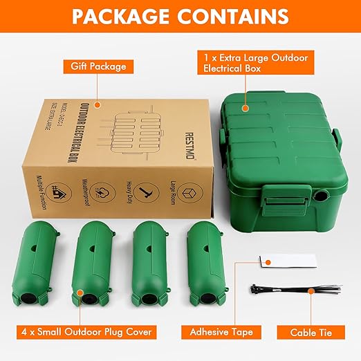 RESTMO 5-Piece Outdoor Waterproof Electrical Box Set – 12.5" x 8.5" x 5" Large & 7.1" x 2.3" x 2.3" Small, Weatherproof Boxes for Power Strip, Outlet, Plug, Socket, Timer, Holiday Light, Green - Image 9
