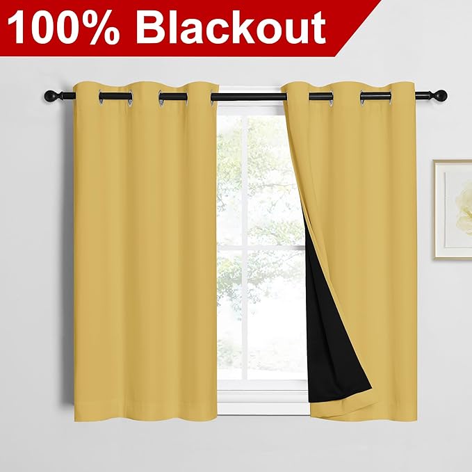 NICETOWN 100% Blackout Short Curtains with Black Liners, 2 Panels, 37" W by 40" L, Bright Yellow, Thermal Insulated Full Blackout 2-Layer Lined Drapes, Energy Efficiency Window Draperies for Bedroom - Image 2