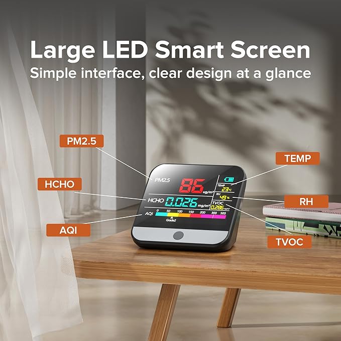 Xoopon 13 in 1 Air Quality Monitor Indoor Portable PM1|PM2.5|PM10|TVOC|Formaldehyde|Temp|Humidity and 6AQI Detector with Beep Alarm,Easy to Use,Highly Accurate Air Quality Tester for Home,Office - Image 7