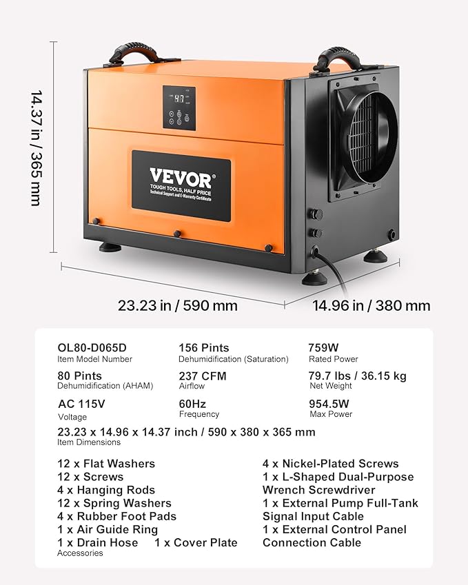 VEVOR 156 Pints Commercial Dehumidifier with Drain Hose, Portable Crawl Space Dehumidifiers for Basement Storage Room Industrial Grade, Auto Defrost/Drainage, Heavy-duty Galvanized Steel, LED Indicate - Image 7