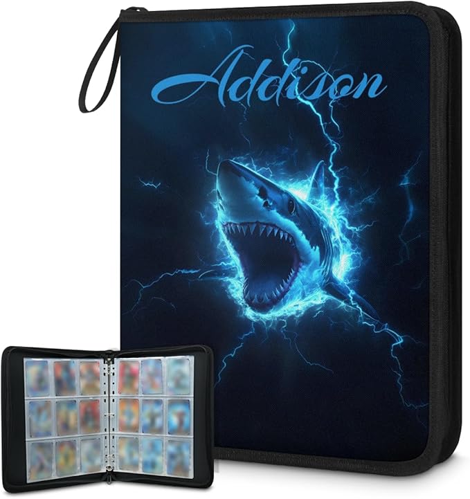 Custom Shark Card Binder, 9-Pocket Trading Card Binder, Personalized Card Holder Fits 900 Cards with 50 Sleeves, Storage Album Case for TCG, MTG, Sports Cards by Joyousleap