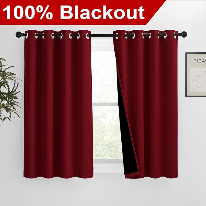 NICETOWN Kitchen Full Blackout Curtain Panels, Super Thick and Soft Insulated Window Covers, 100% Blackout Draperies with Black Backing for Cafe Window (Burgundy Red, Set of 2, 46 by 54-inch) - Image 2