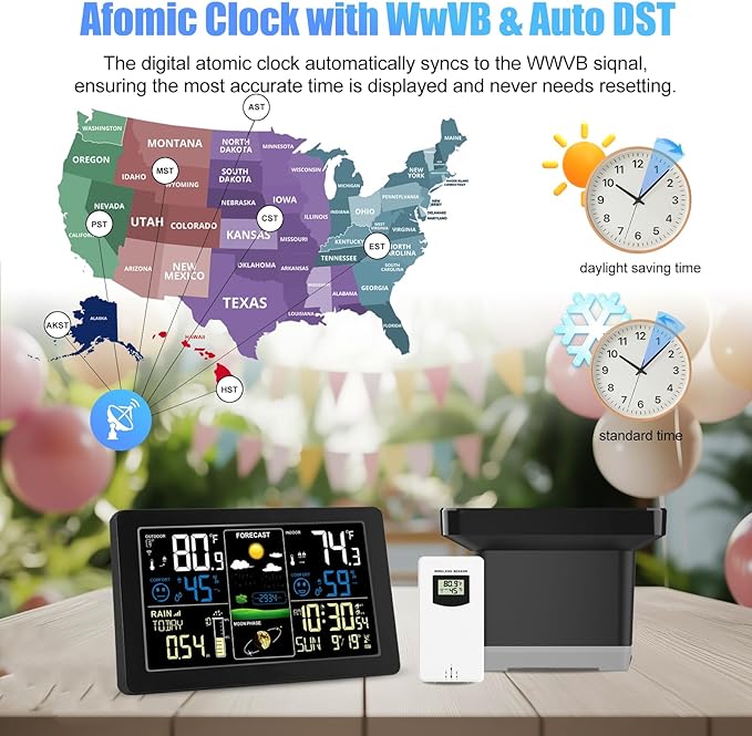 Weather Station with Rain Gauge Outdoor, Home Weather Stations Wireless Indoor Outdoor with Digital Rain Gauges, Thermometer, Barometer, Hygrometer, Atomic Clock, Weather Forecast and Alerts - Image 5