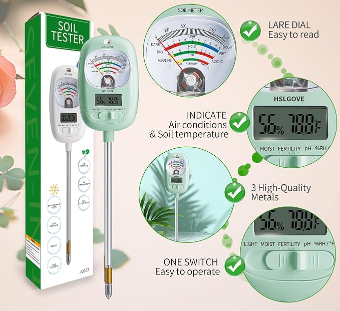 HSLGOVE Soil Test Kit, 7-in-One Soil Moisture Meter/Soil PH Meter/Fertility, Dual Screen Soil Tester w/Digital Soil Temp/Air Temp&Humidity for Plants Gardening,Lawn,Farm Indoor&Outdoor-Blue Green - Image 6