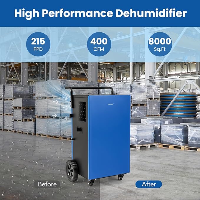 COSTWAY 215 Pint Commercial Dehumidifier, 8,000 Sq.Ft Industrial Dehumidifier with Drain Hose, 24H Timer & 4 Wheels, Ideal for Basement, Warehouse, Job Sites, Water Damage Restoration - Image 2