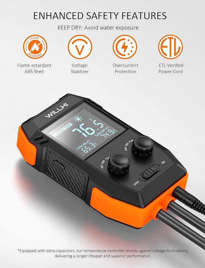 WH2408 Temperature Controller 10A 1200W, Digital Thermostat Controlled Outlet Plug Switch for Reptile Terrarium Greenhouse Homebrew Aquarium Seedling Mat, Heating or Cooling Mode (Pack of 1) - Image 8
