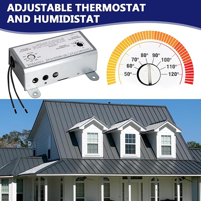 Hiorucet Attic Fan with Thermostat Humidistat Controller, Adjustable Temperature Humidity Controller for Workshops Greenhouses Garages, Attic Ventilator Fan Thermostat Humidistat Control Box - Image 3