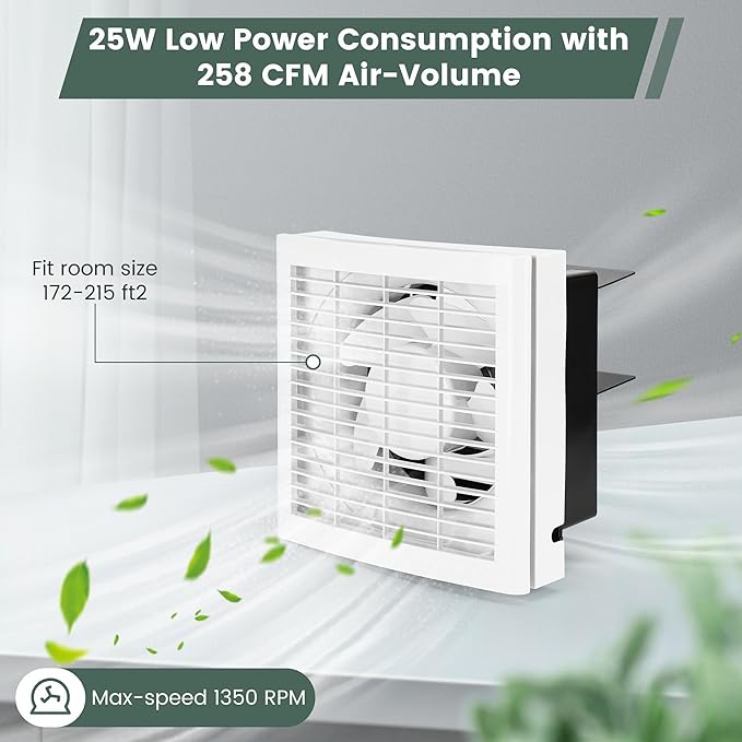 6" Shutter Exhaust Fan, 258CFM Window or Wall Mount Ventilation Fan for Greenhouse, Attic, Garage, Bathroom, Kitchen - Image 5