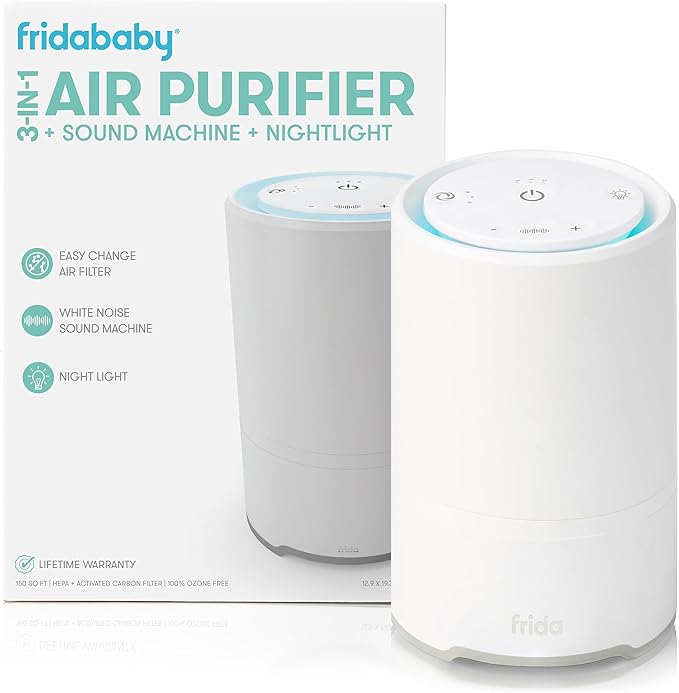 Frida Baby 3-in-1 Baby Air Purifier for Allergy Relief, Sound Machine for Sleeping + Nightlight, HEPA Filter Purifier for Bedroom with 3 Fan Speeds, Easy-Change Filter, Auto-Off Timer by Frida