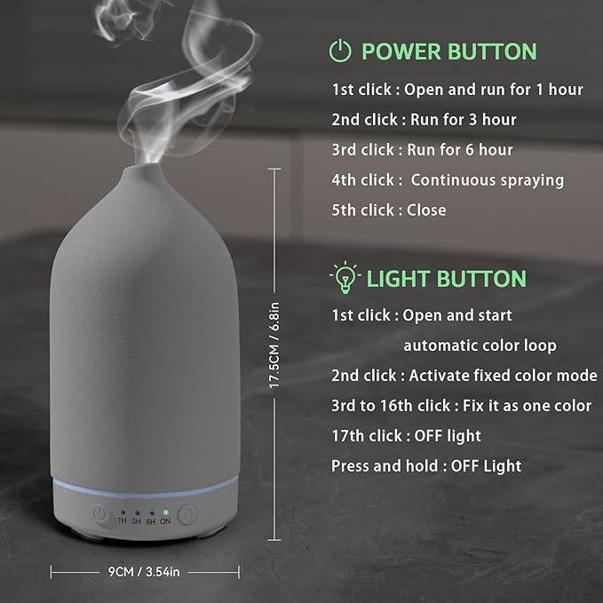 200ML Ceramic Essential Oil Diffuser - Ultrasonic Aromatherapy & Humidifier with 7-Color LED Lights, Auto Shut-Off, Grey, 1H/3H/6H Timer | Scent for Home,Office,Yoga - Image 4