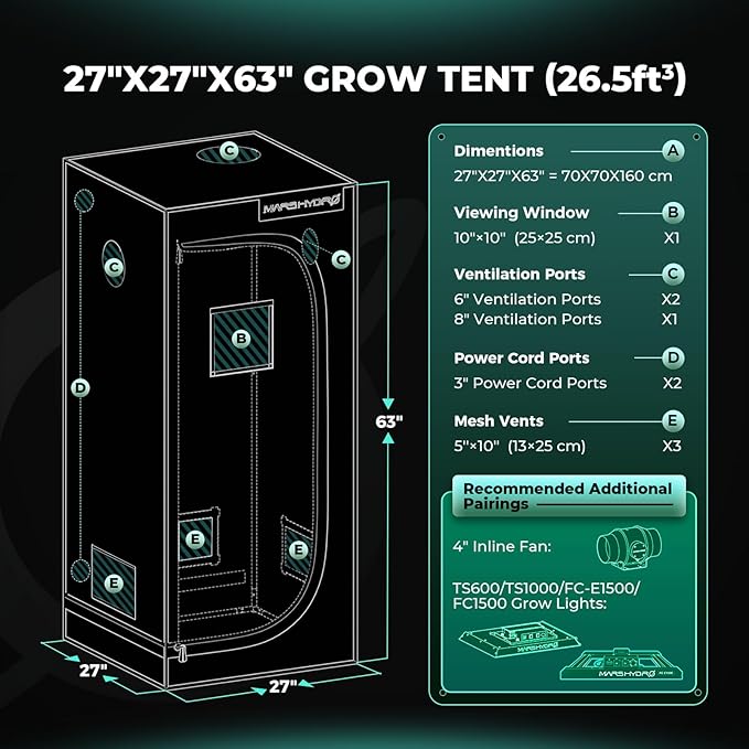 MARS HYDRO 2.3x2.3 Advanced Grow Tent, 27"x27"x63" High Reflective Mylar 1680D for Hydroponics Indoor Plant Growing, with Observation Window,Floor Tray and Smooth Zipper for TS600/SP150/TS1000 - Image 9