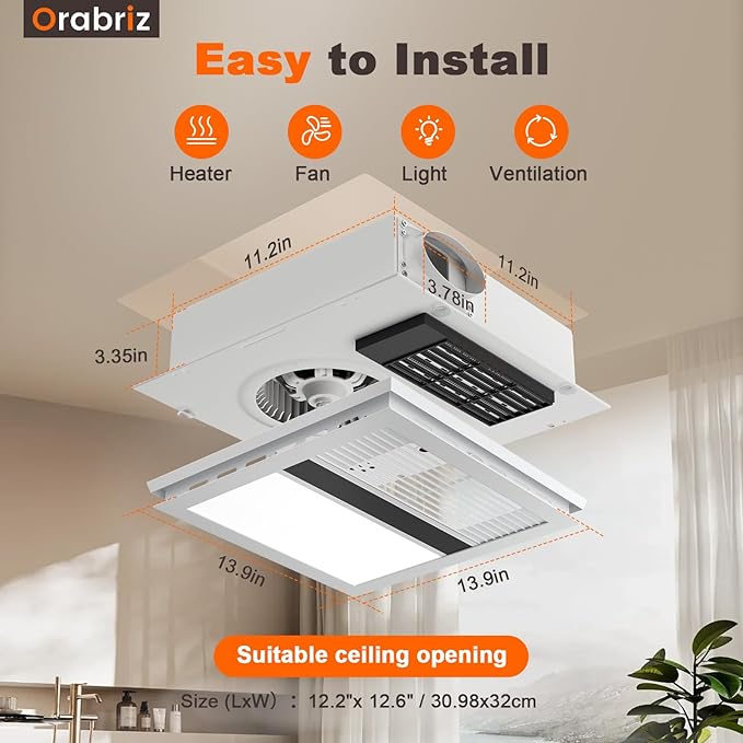 4-in-1 Bathroom Exhaust Fan with Heater, 1100W/2200W Dual Heating, 220 CFM Ventilation, 6000K 1800LM LED Light, Quiet Bath Fan with Light and Heat, Ceiling Mount, Plug-In or Hardwired - Image 3