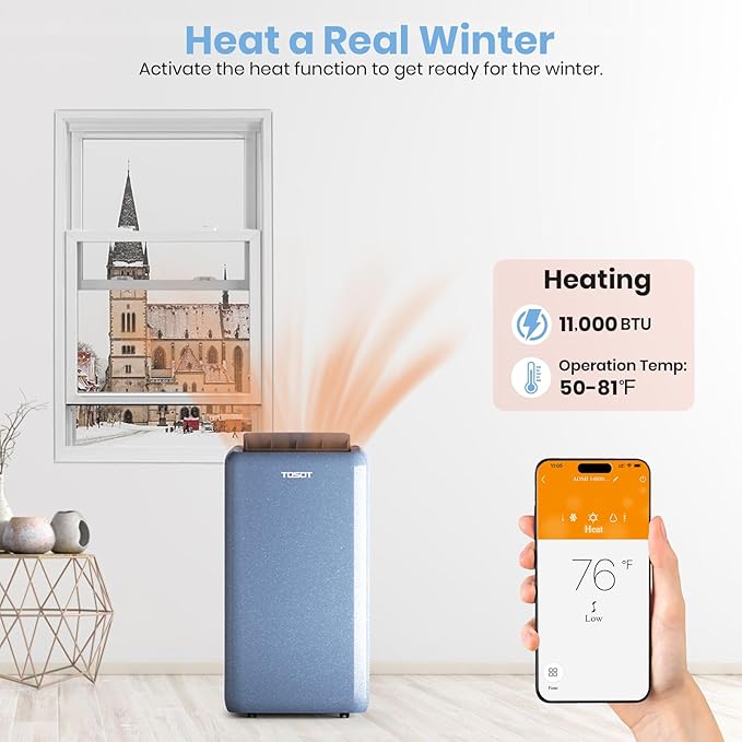 TOSOT 14,000BTU (9,600 BTU SACC) Wifi Portable Air Conditioner with Heating Mode, Cooling, Dehumidifier, Fan, Auto Swing, 24H Timer, for Large Rooms Up to 600 sq ft, AOMI Series, Steel Blue - Image 7