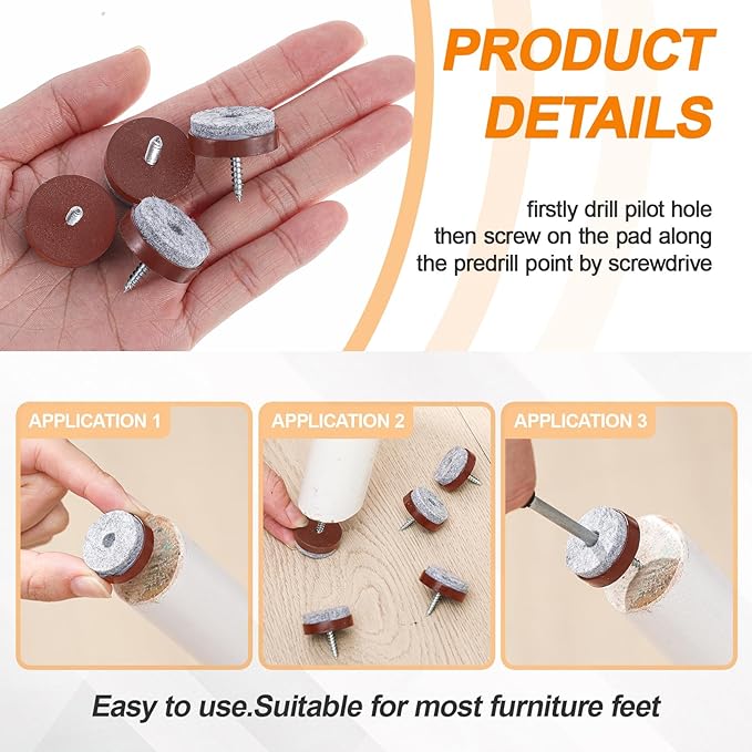 60 Pcs Brown Screw on Furniture Felt Pads Kit, 0.8 Inch Non Slip Furniture Pads, Nail in Hardwood Floor Protector for Wooden Leg Feet of Chair Table Sofa, Cutting Boards - Image 4