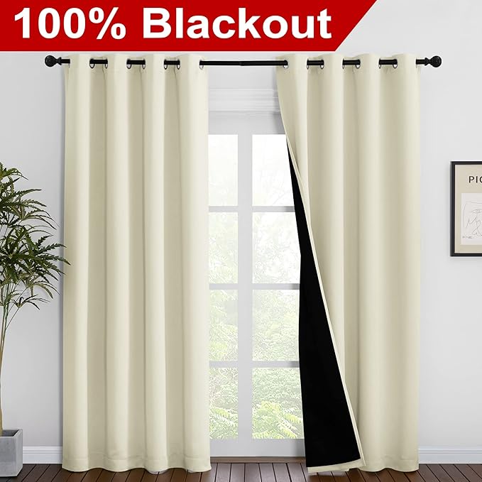 NICETOWN Living Room Completely Shaded Draperies, Privacy Protection & Noise Reducing Ring Top Drapes, Black Lined Insulated Window Treatment Curtain Panels (Beige, 2 Pieces, W55 x L86) - Image 2