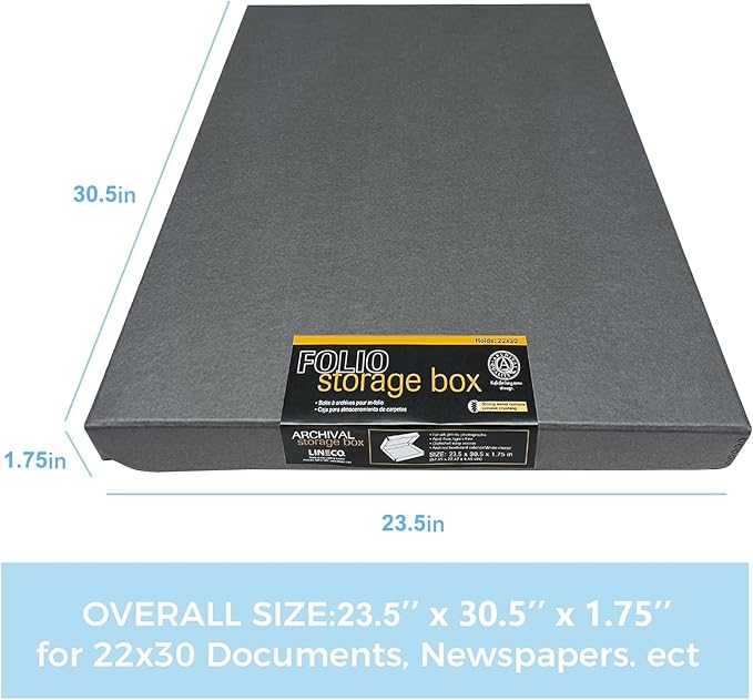 Lineco Folio Storage Box, Clamshell Design with Metal Edge. 23.5x30.5x1.75 in, Archival Boxboard, Organize and Preserve Photos, Prints, Cards, Magazines, Documents, Art, Ephemera, Family Records, Gray - Image 2