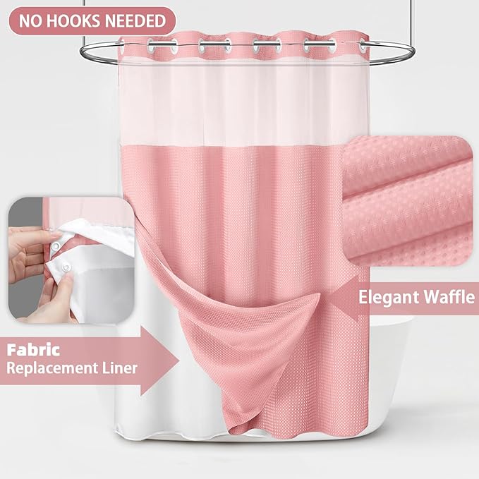 No Hook Shower Curtain and Liner Set,Pink Hotel Waffle Shower Curtain with Liner 75" L x 72" W - Image 3